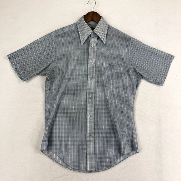 Sears VTG Mens Size 15 Blue Plaid Print Short Sleeve Button Down Dress Shirt - Picture 1 of 7